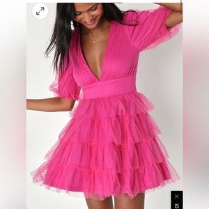 Lulus Pink Tiered Mini Dress Tulle Puff Sleeve